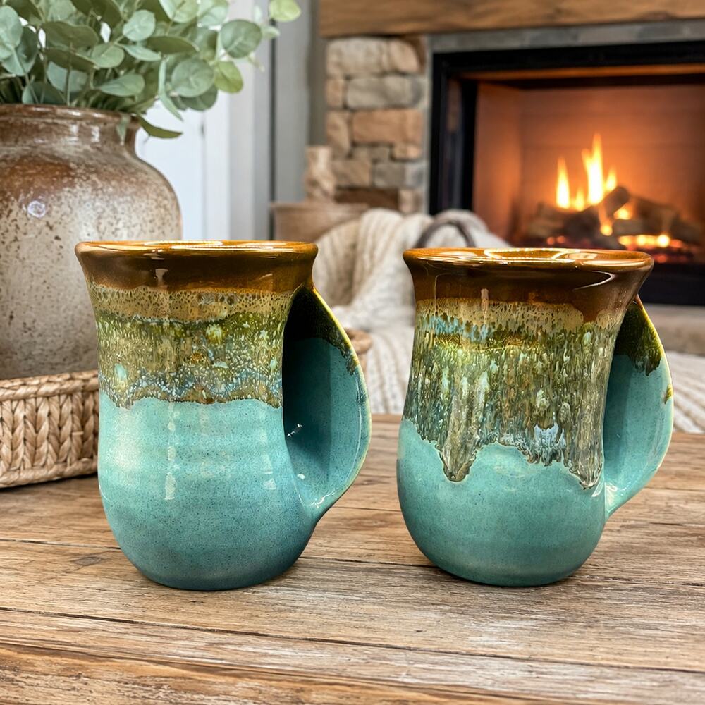 Clay in Motion Handwarmer Mug Set Ocean Tide Blue Signed Art Pottery 2021